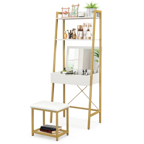 Costway Vanity Table Set Flip Top Mirror Ladder Storage Shelf Cushioned Stool