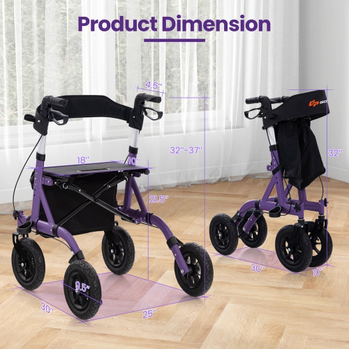 Goplus Foldable Height Adjustable Rollator Walker with Seat, Storage Bag for Seniors