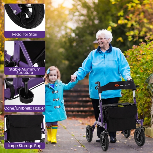 Goplus Foldable Height Adjustable Rollator Walker with Seat, Storage Bag for Seniors