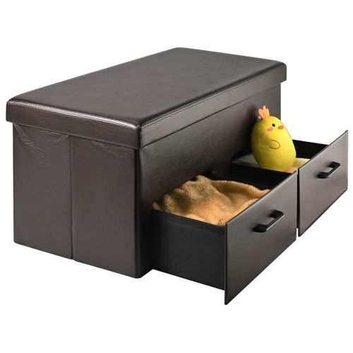 Pouf de rangement pliable 31 po à deux tiroirs, repose-pieds de coffre de rangement et banc de rangement en similicuir avec repose-pieds de siège en
