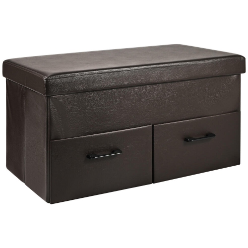 31 Inches Folding Storage Ottoman with Two Drawer, Storage Chest Foot Rest Stool with Faux Leather Storage Bench Seat Footrest Rest Stool- Brown