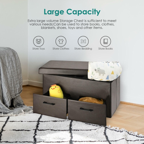31 Inches Folding Storage Ottoman with Two Drawer, Storage Chest Foot Rest Stool with Faux Leather Storage Bench Seat Footrest Rest Stool- Brown