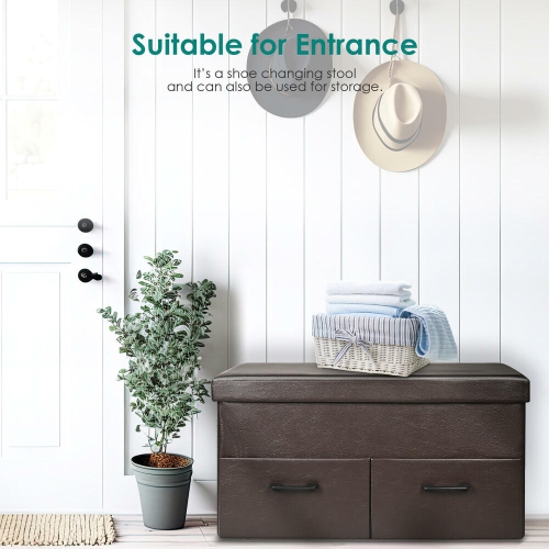 31 Inches Folding Storage Ottoman with Two Drawer, Storage Chest Foot Rest Stool with Faux Leather Storage Bench Seat Footrest Rest Stool- Brown