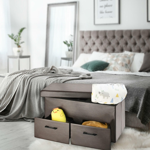 31 Inches Folding Storage Ottoman with Two Drawer, Storage Chest Foot Rest Stool with Faux Leather Storage Bench Seat Footrest Rest Stool- Brown