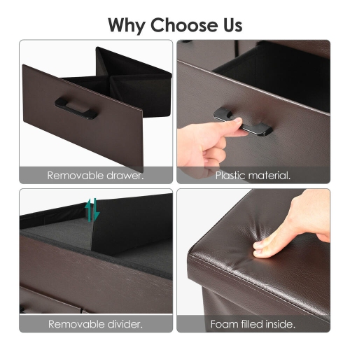 31 Inches Folding Storage Ottoman with Two Drawer, Storage Chest Foot Rest Stool with Faux Leather Storage Bench Seat Footrest Rest Stool- Brown