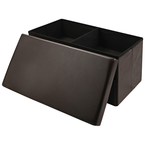 31 Inches Folding Storage Ottoman with Two Drawer, Storage Chest Foot Rest Stool with Faux Leather Storage Bench Seat Footrest Rest Stool- Brown