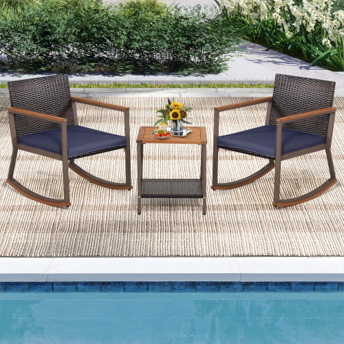 COSTWAY  3 PCs Patio Rattan Rocking Chair Bistro Set Armrest Cushion Table With Storage Shelf 