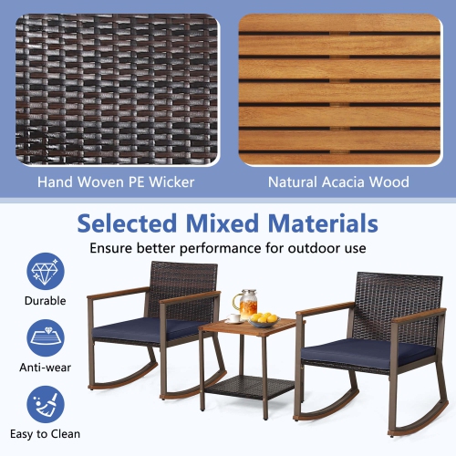 Costway 3 PCS Patio Rattan Rocking Chair Bistro Set Armrest Cushion Table with Storage Shelf