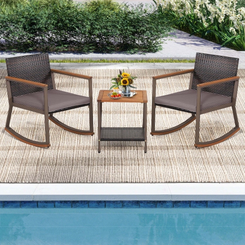 COSTWAY  3 PCs Patio Rattan Rocking Chair Bistro Set Armrest Cushion Table With Storage Shelf Great outdoor set