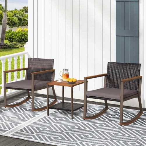 Costway 3 PCS Patio Rattan Rocking Chair Bistro Set Armrest Cushion Table with Storage Shelf