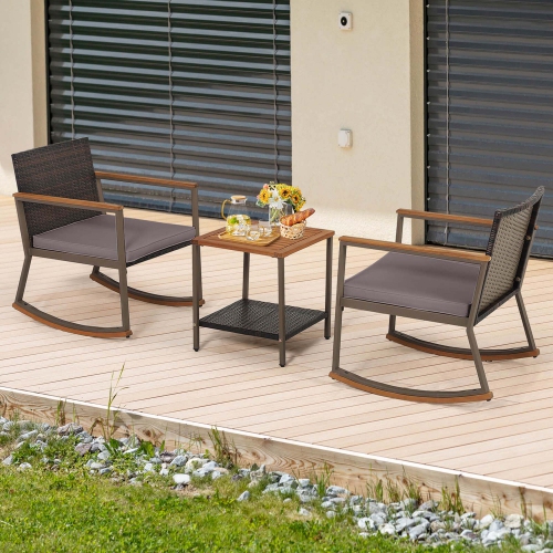 Costway 3 PCS Patio Rattan Rocking Chair Bistro Set Armrest Cushion Table with Storage Shelf