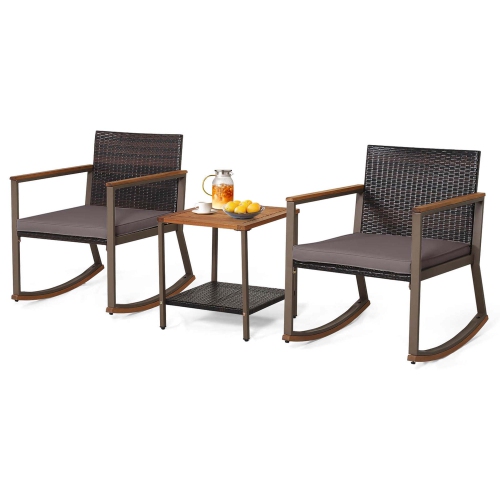 Costway 3 PCS Patio Rattan Rocking Chair Bistro Set Armrest Cushion Table with Storage Shelf