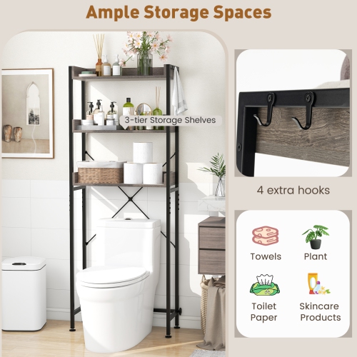 Costway 3-Tier Over-The-Toilet Bathroom Shelf Metal Frame Space Saver Rack with 4 Hooks
