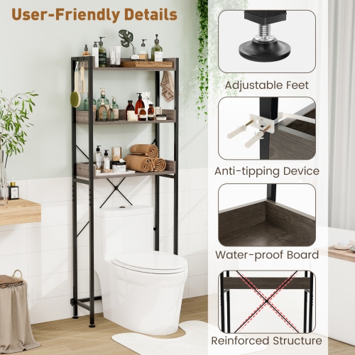 Costway 3-Tier Over-The-Toilet Bathroom Shelf Metal Frame Space Saver Rack with 4 Hooks