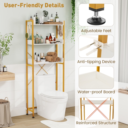 Costway 3-Tier Over-The-Toilet Bathroom Shelf Metal Frame Space Saver Rack with 4 Hooks