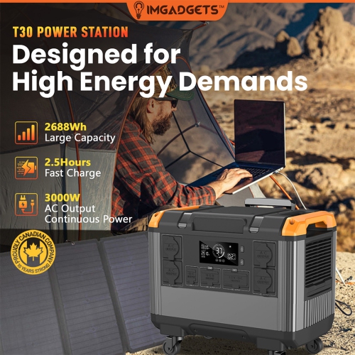 IMGadgets – Station d’alimentation portative 2688 Wh avec batterie LiFePO4, sortie CA 3000 W, 3 sorties CC, 4 sorties USB, 2 sorties type-C.