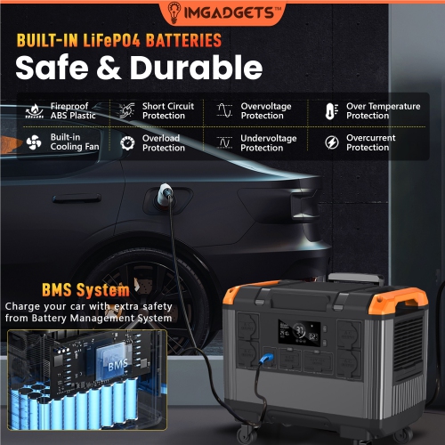 IMGadgets – Station d’alimentation portative 2688 Wh avec batterie LiFePO4, sortie CA 3000 W, 3 sorties CC, 4 sorties USB, 2 sorties type-C.