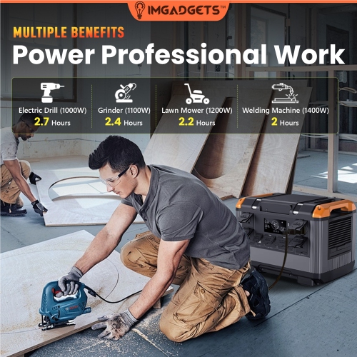 IMGadgets – Station d’alimentation portative 2688 Wh avec batterie LiFePO4, sortie CA 3000 W, 3 sorties CC, 4 sorties USB, 2 sorties type-C.