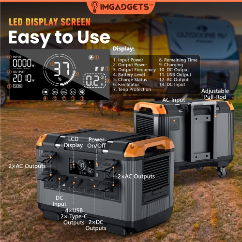 IMGadgets – Station d’alimentation portative 2688 Wh avec batterie LiFePO4, sortie CA 3000 W, 3 sorties CC, 4 sorties USB, 2 sorties type-C.