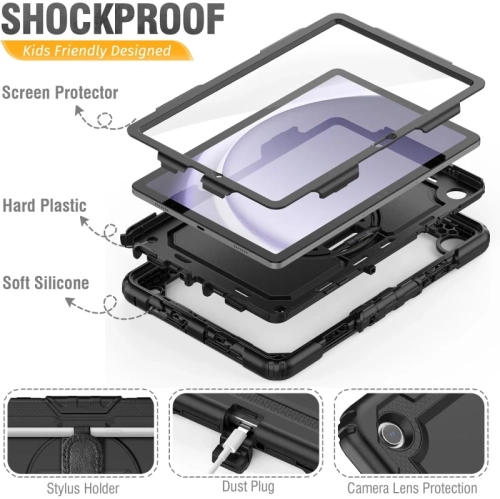 Shockproof Samsung Galaxy Tab A9 Plus / A9+ Case with Screen Protector - 11 inch Tablet Cover, Black