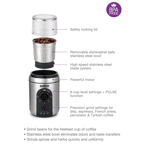 Salton - Smart Coffee/Herb/Spice Grinder, 12 Cup Capacity, Stainless Steel