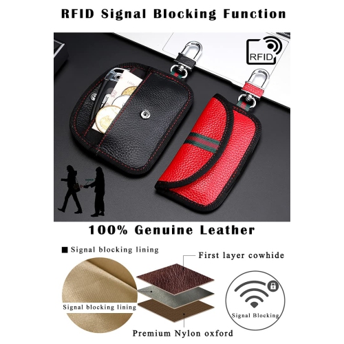 2 Pack Faraday Bag for Car Key Fob, Genuine Leather Car Key RFID Signal Blocking Pouch Keyless Signal Block Key Case for Car Security, Anti-Theft