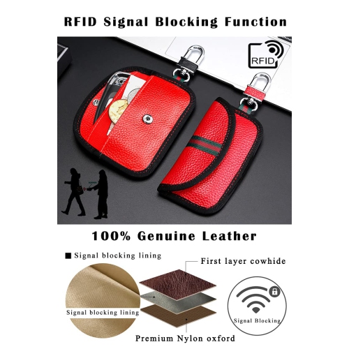 2 Pack Faraday Bag for Car Key Fob, Genuine Leather Car Key RFID Signal Blocking Pouch Keyless Signal Block Key Case for Car Security, Anti-Theft