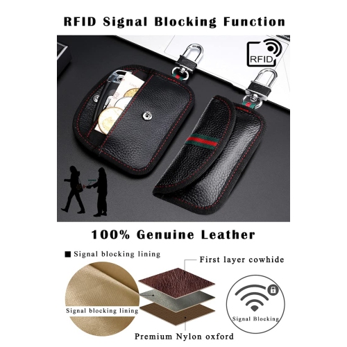 Paquet de 2 sacs Faraday pour porte-clés d'auto, pochette à blocage de signal RFID en cuir véritable pour porte-clés de sécurité de voiture,