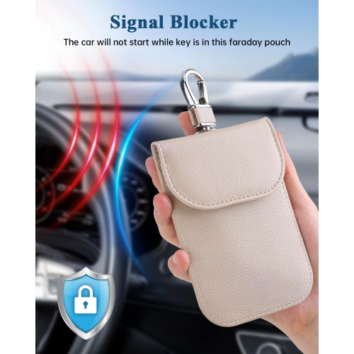 Bag for Key Fob, Faraday Key Fob Protector, Anti-Theft Pouch,Anti-Hacking Case Blocker, RFID Signal Blocking Bag for Car Key (Beige)