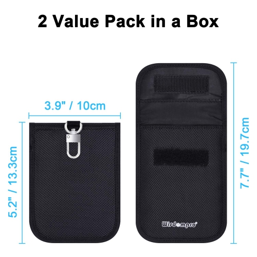 RFID Key Fob Protector, Wisdompro 2 Pack Bag RF Car Key Signal Blocking Case with Keyclip, Anti-Theft Pouch, Anti-Hacking Box Blocker