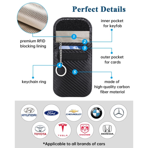 Paquet de 2 sacs Faraday, étui anti-Hacking, pochette anti-vol anti-RFID anti-signal pour clé de voiture, fibre de carbone, noir