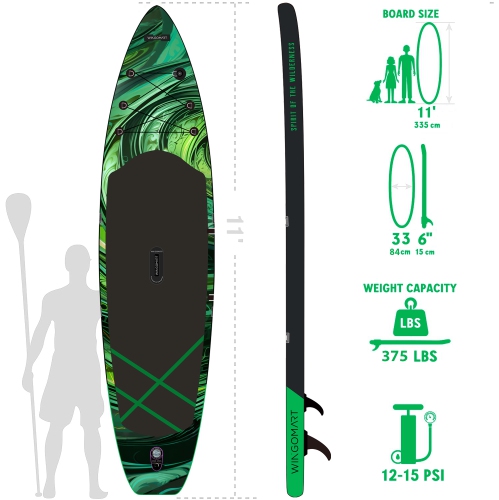 Planche à rame gonflable large GREEN EMERALD de 11ft x 33 po, planche large ultra stable pour 2 personnes/375LB personnes entièrement équipée