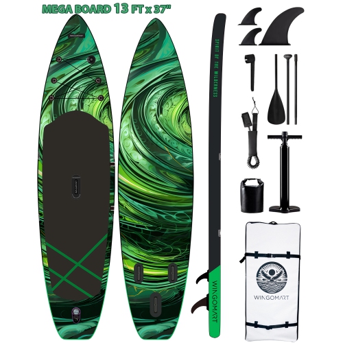 GREEN EMERALD 13FT x 37" Mega Wide Inflatable Stand Up Paddle Board, Ultra Stable Wide SUP Up to 3 people/480LB Fully equipped w/ Premium SUP