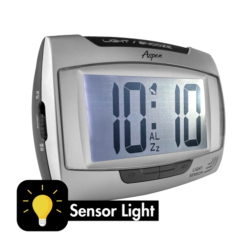 ASPEN  Small Digital Alarm Clock With Sensor Night Light & Snooze - Loud Ascending Alarm - 12/24H, Big Numbers - Battery Operated - In Silver