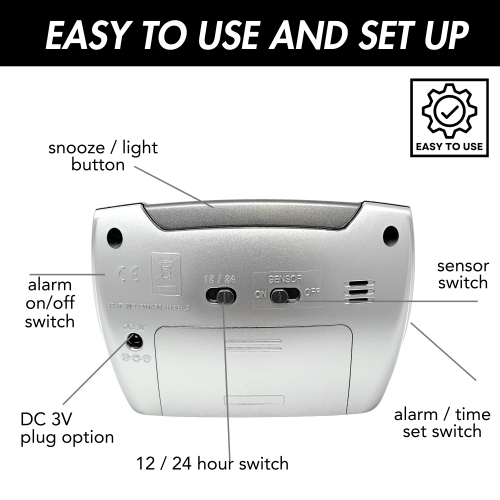 Petit réveille-matin numérique avec veilleuse à capteur et rappel d'alarme - alarme ascendante puissante - 12/24H, grands nombres - à piles - Argenté