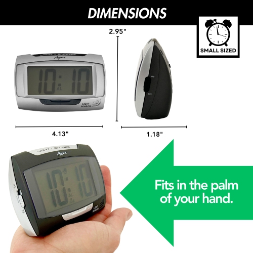 Petit réveille-matin numérique avec veilleuse à capteur et rappel d'alarme - alarme ascendante puissante - 12/24H, grands nombres - à piles - Argenté