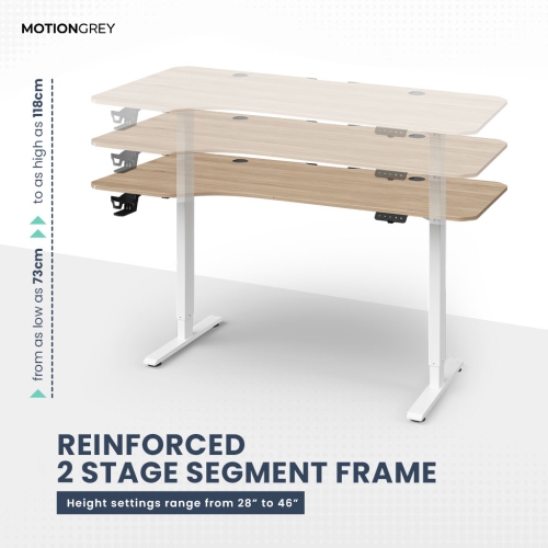 MotionGrey Ergo2 – Bureau debout électrique gauche réglable en L avec réglages de mémoire – Bureau ergonomique avec dessus blanc clair de 63 x
