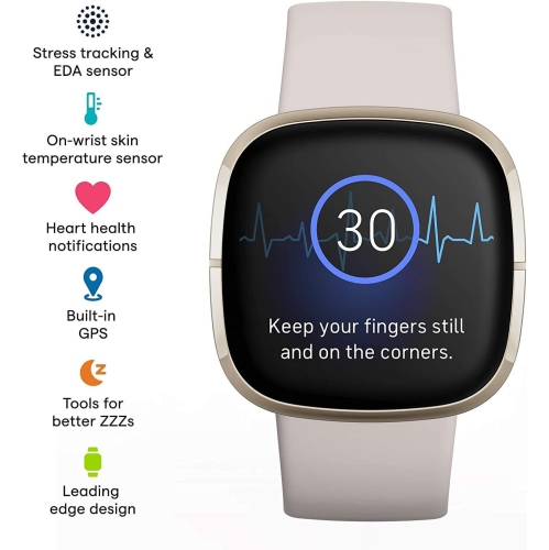 Fitbit – montre intelligente Sense Advanced pour santé cardiaque, gestion du stress et température de la peau, blanc/doré