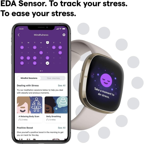 Fitbit – montre intelligente Sense Advanced pour santé cardiaque, gestion du stress et température de la peau, blanc/doré
