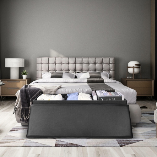 45 Inches Foldable Storage Ottoman Bench, Faux Leather Storage Bench, Storage Chest Padded Seat Footrest Stool, Black