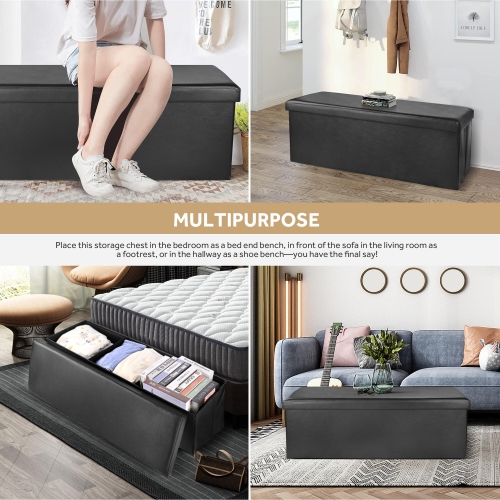 45 Inches Foldable Storage Ottoman Bench, Faux Leather Storage Bench, Storage Chest Padded Seat Footrest Stool, Black