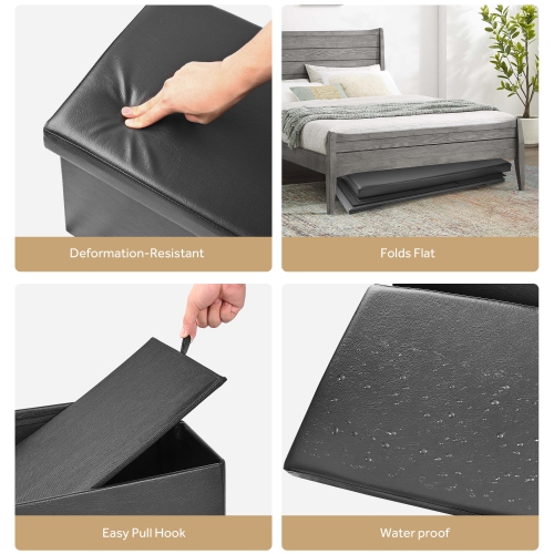 45 Inches Foldable Storage Ottoman Bench, Faux Leather Storage Bench, Storage Chest Padded Seat Footrest Stool, Black