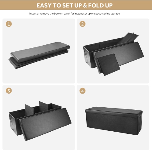 45 Inches Foldable Storage Ottoman Bench, Faux Leather Storage Bench, Storage Chest Padded Seat Footrest Stool, Black