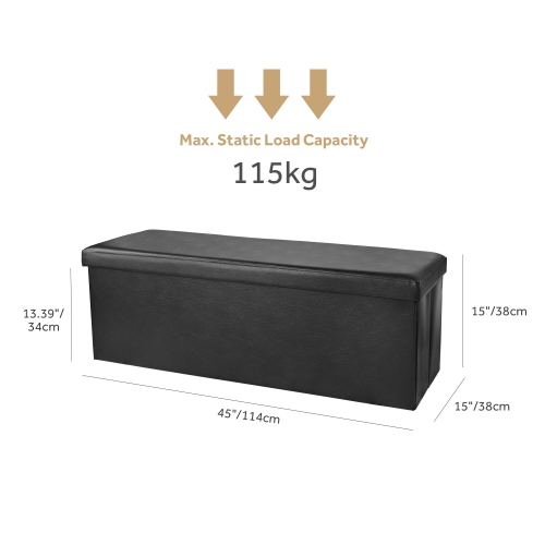 45 Inches Foldable Storage Ottoman Bench, Faux Leather Storage Bench, Storage Chest Padded Seat Footrest Stool, Black