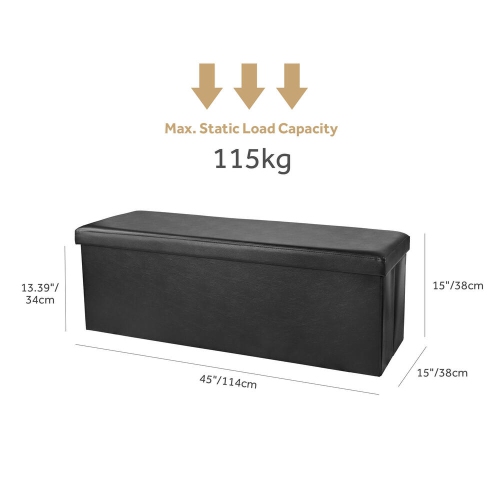 45 Inches Foldable Storage Ottoman Bench, Faux Leather Storage Bench, Storage Chest Padded Seat Footrest Stool, Black