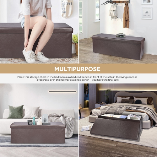 45 Inches Foldable Storage Ottoman Bench, Faux Leather Storage Bench, Storage Chest Padded Seat Footrest Stool, Brown