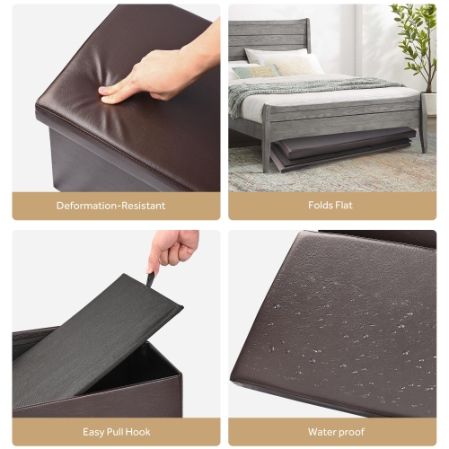 45 Inches Foldable Storage Ottoman Bench, Faux Leather Storage Bench, Storage Chest Padded Seat Footrest Stool, Brown