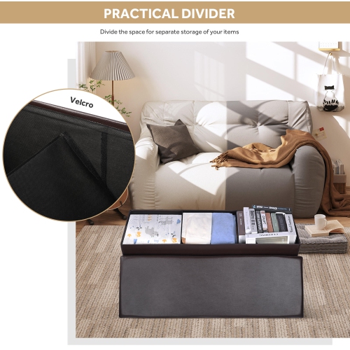 45 Inches Foldable Storage Ottoman Bench, Faux Leather Storage Bench, Storage Chest Padded Seat Footrest Stool, Brown