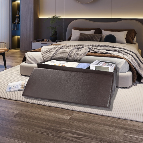 45 Inches Foldable Storage Ottoman Bench, Faux Leather Storage Bench, Storage Chest Padded Seat Footrest Stool, Brown