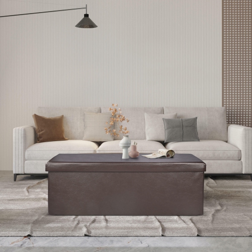 45 Inches Foldable Storage Ottoman Bench, Faux Leather Storage Bench, Storage Chest Padded Seat Footrest Stool, Brown